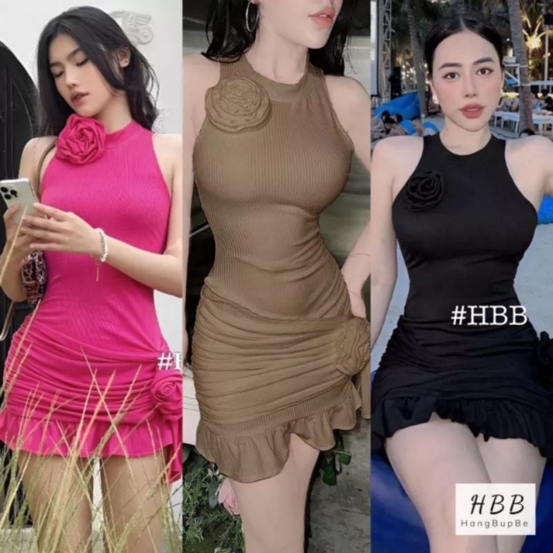 Đầm Sát Nách Ba Lỗ Cổ Tròn - Đính 2 Hoa 1 Bên Cổ 1 Bên Hông - Ngắn Nhún Hông Viền Bèo Đuôi Cá - Tiểu Thư Bánh Bèo Cute