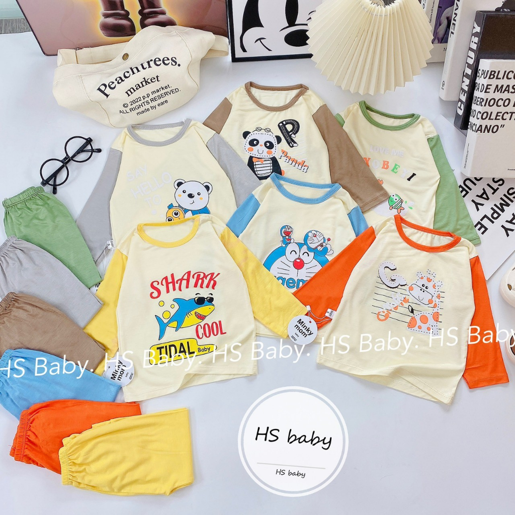Bộ Dài Tay MinKy Mom Áo Nền Kem In Hình Bụng Tay Màu Giáp Lăng Quần Màu Trơn Thun Lạnh Cho Bé (BH)