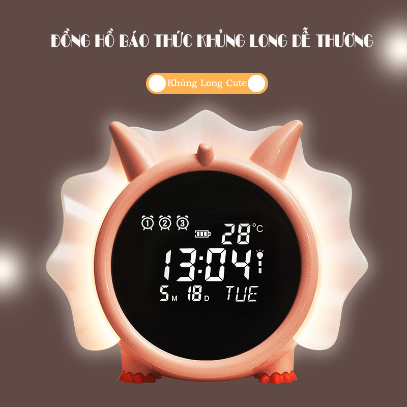 Đồng Hồ Báo Thức Đa Năng Khủng Long Cute Màn Hình LED Có Đèn Ngủ