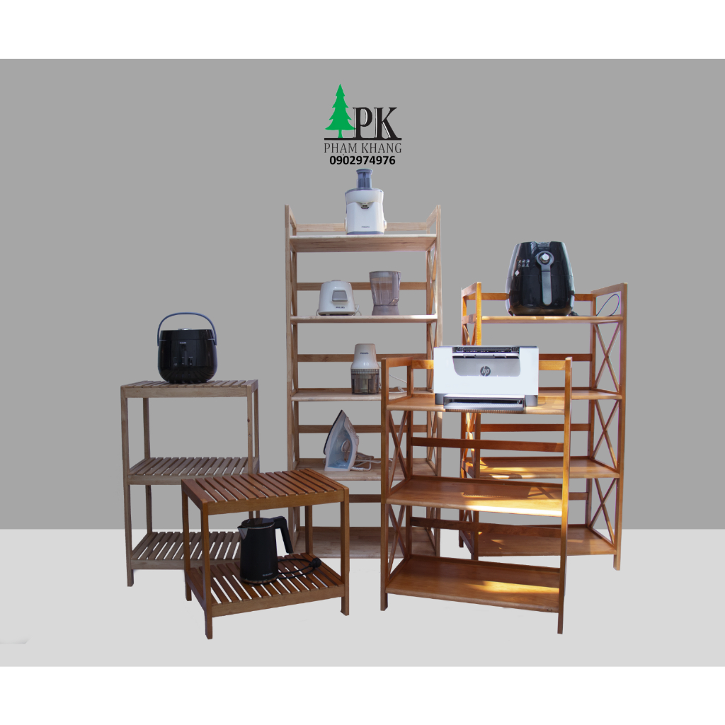 Kệ lò vi sóng Phạm Khang 3 tầng/ 4 tầng/ 5 tầng - Gỗ cao su màu Gỗ Tự Nhiên/ Vàng Cherry - Kích thước rộng 62 cm