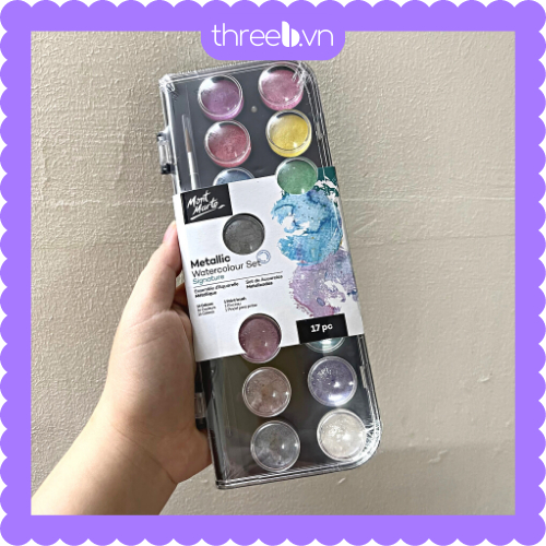 Bộ Màu Nước Nhũ Dạng Nén Mont Marte 16 màu kèm cọ - Metallic Watercolour Cake Set Signature 17pc