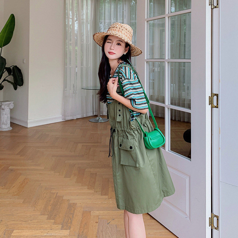 Set yếm váy túi hộp kèm áo kẻ yếm bo chun 2 bên yếm xinh dưới 65kg mặc xinh SINSIN SHOP