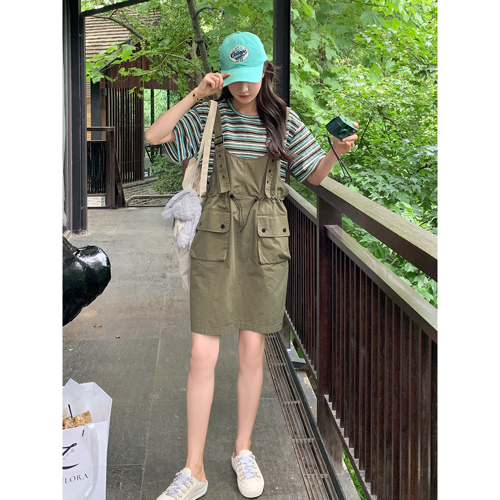 Set yếm váy túi hộp kèm áo kẻ yếm bo chun 2 bên yếm xinh dưới 65kg mặc xinh SINSIN SHOP