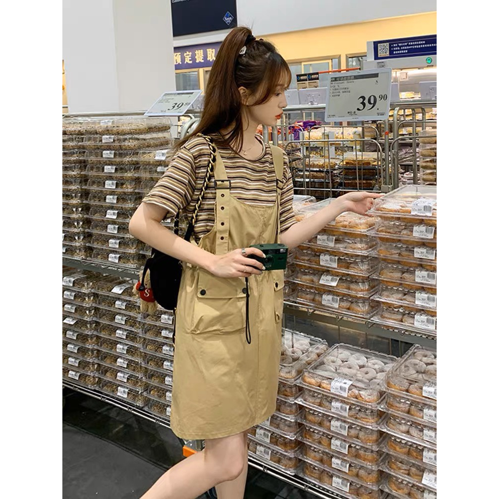 Set yếm váy túi hộp kèm áo kẻ yếm bo chun 2 bên yếm xinh dưới 65kg mặc xinh SINSIN SHOP