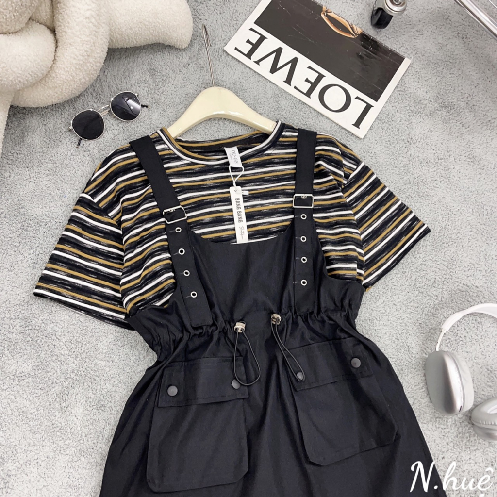Set yếm váy túi hộp kèm áo kẻ yếm bo chun 2 bên yếm xinh dưới 65kg mặc xinh SINSIN SHOP