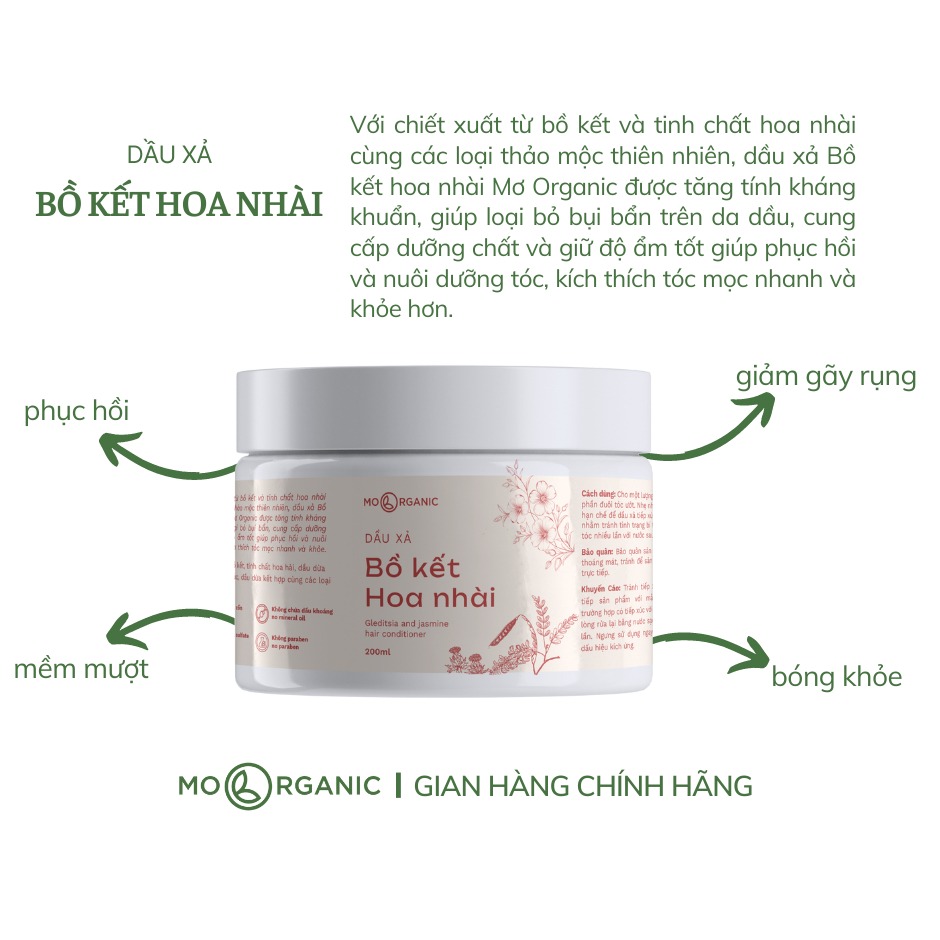 Combo gội xả bồ kết hoa nhài Mơ Organic kháng khuẩn, giảm gàu, rụng tóc