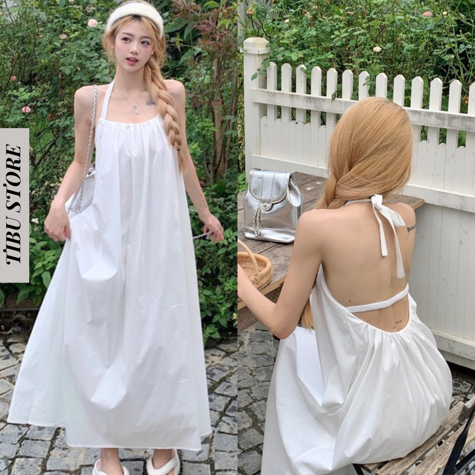 Đầm Maxi 2 Dây Cổ Yếm Hở Lưng TIBU Đầm Babydoll Đi Biển Du Lịch Dáng Dài Sang Trọng Đáng yêu