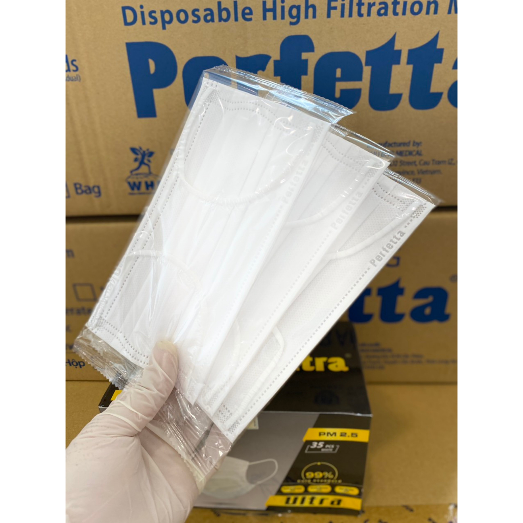 Khẩu Trang Y Tế Cao Cấp Perfetta Ultra PM 2.5 ngăn bụi mịn,siêu mềm mượt,chống thấm nước,chống khuẩn (1 hộp 35 cái )