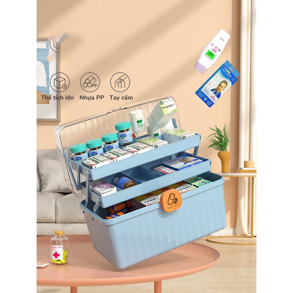 Hộp Đựng Thuốc Gia Đình, Hộp Đựng Thiết Bị Y Tế Tiện Dụng 3 Tầng Có Khoá Đóng Mở An Toàn, Thiết Kế Quai Xách Tiện Lợi