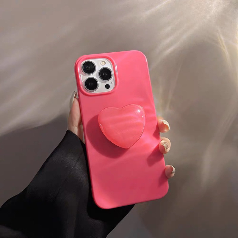 Ốp lưng ip chất bóng hồng neon kèm giá đỡ pop hình trái tim màu hồng neon dành cho ip - TENCASESHOP