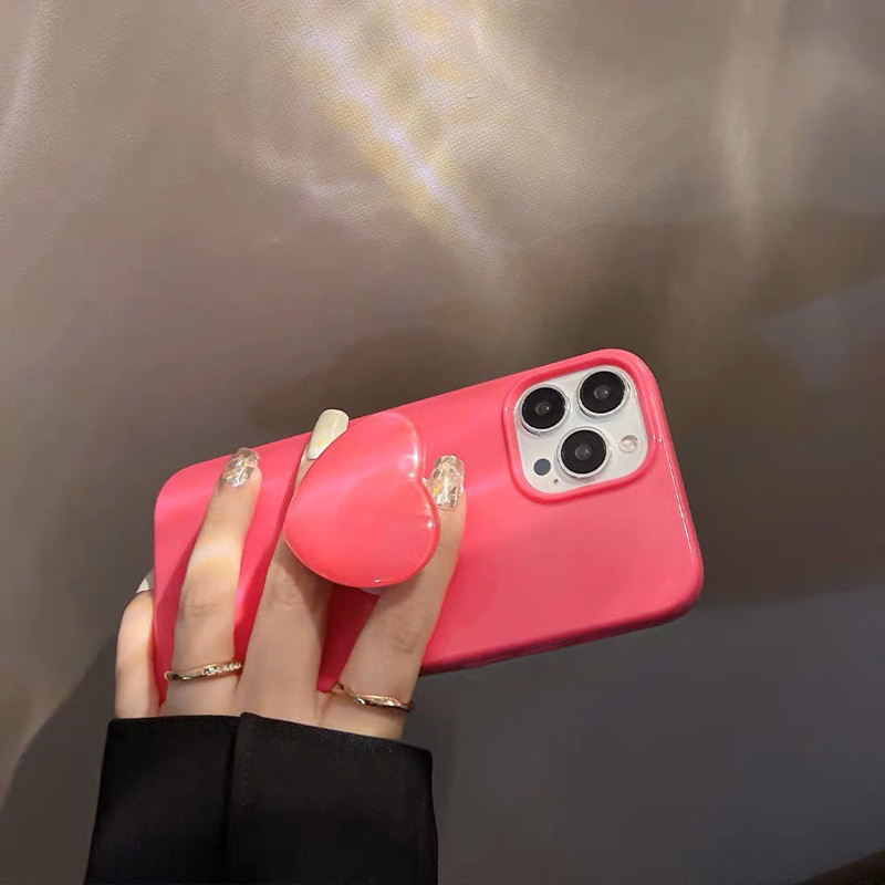 Ốp lưng ip chất bóng hồng neon kèm giá đỡ pop hình trái tim màu hồng neon dành cho ip - TENCASESHOP