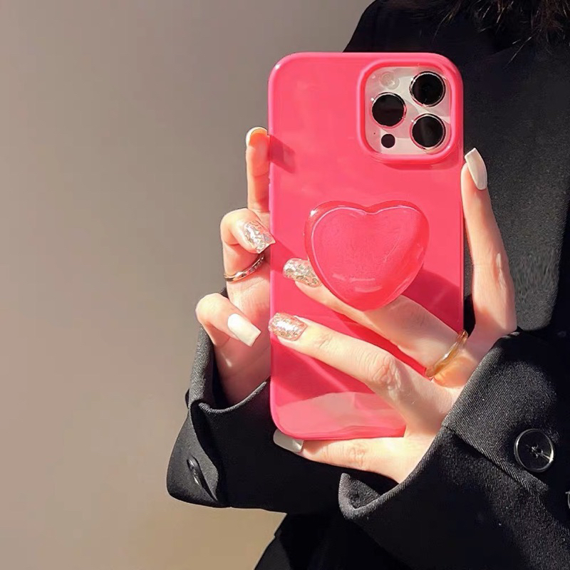 Ốp lưng ip chất bóng hồng neon kèm giá đỡ pop hình trái tim màu hồng neon dành cho ip - TENCASESHOP
