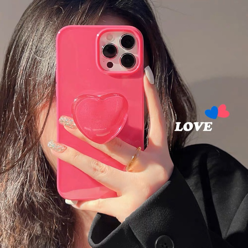 Ốp lưng ip chất bóng hồng neon kèm giá đỡ pop hình trái tim màu hồng neon dành cho ip - TENCASESHOP