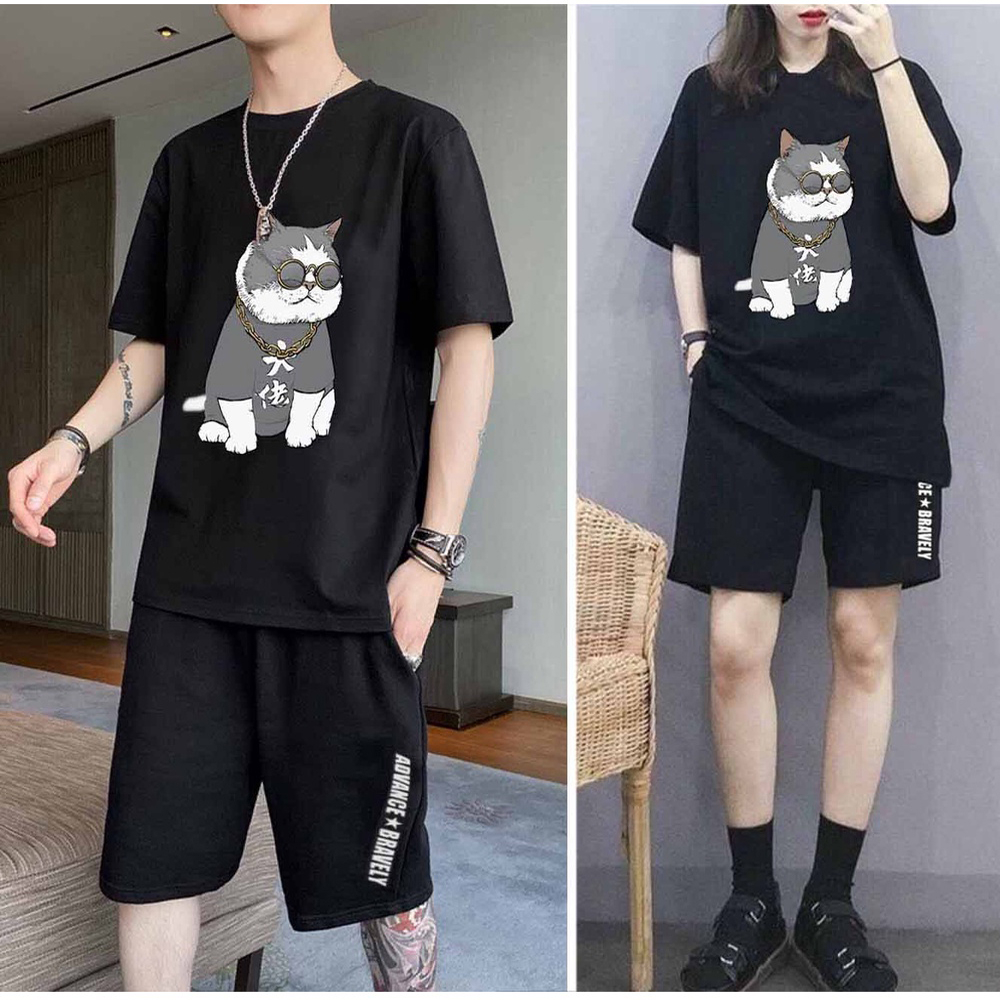 Bộ Thể Thao Nam, Quần Áo Nam Hè. Chất Thun Co Dãn, Mềm, Mịn, Thoáng Mát, In Hình Mèo Ngộ Nghĩnh, Phong Cách, Thời Trang