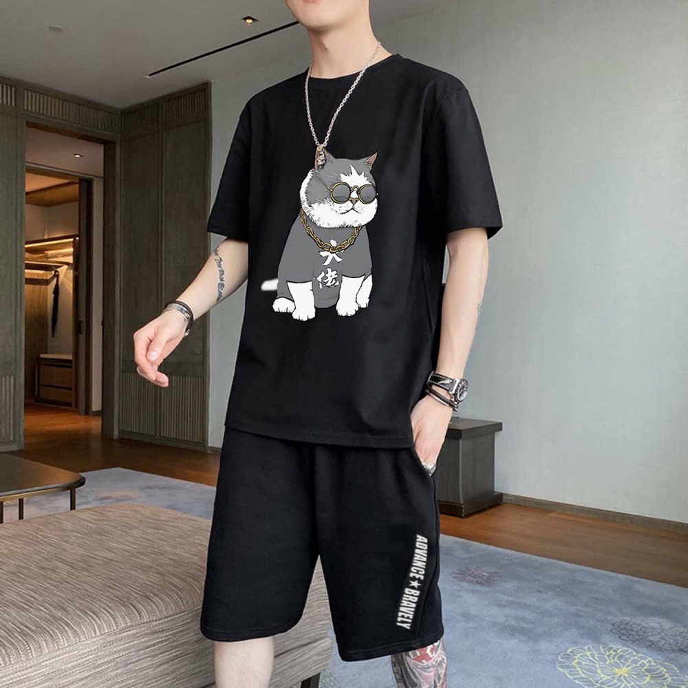 Bộ Thể Thao Nam, Quần Áo Nam Hè. Chất Thun Co Dãn, Mềm, Mịn, Thoáng Mát, In Hình Mèo Ngộ Nghĩnh, Phong Cách, Thời Trang