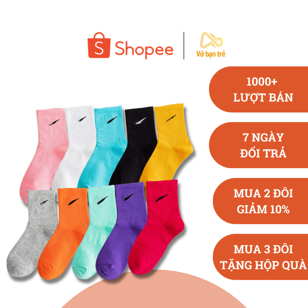 Set combo 5 đôi tất vớ Nike cổ trung nam nữ cotton đẹp mịn co dãn chống trượt thoáng khí êm chân nhiều màu cho mùa hè