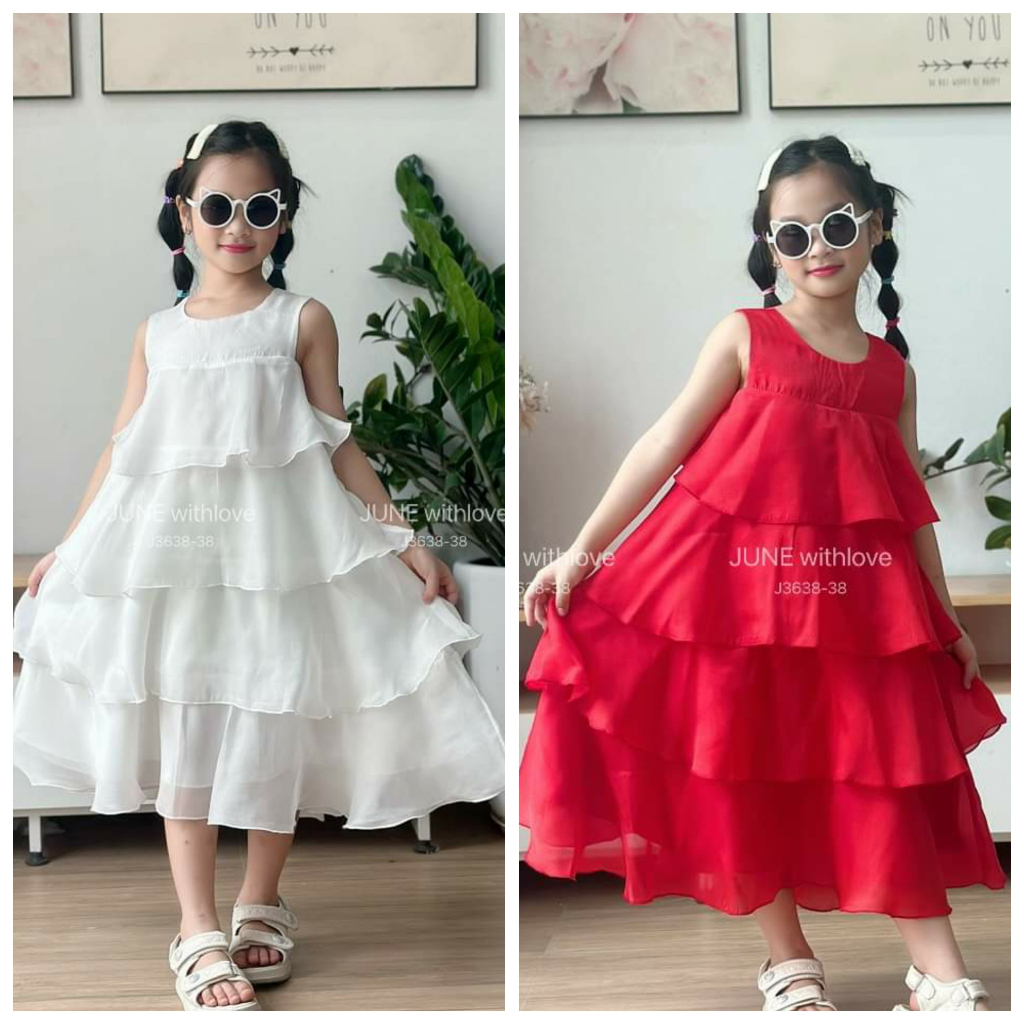 Đầm váy Noel , đi biển, đi du lịch bé gái❤️Đầm voan tằm sát nách 4 tầng dáng dài, nhẹ, mát ❤️size 1-10Y(8-35 ký)❤️Co