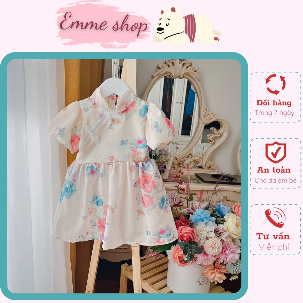 Váy cách tân cổ tàu cho bé, đầm cho bé gái họa tiết hoa hồng trên nền tông kem sáng. Váy thiết kế sang xịn mịn