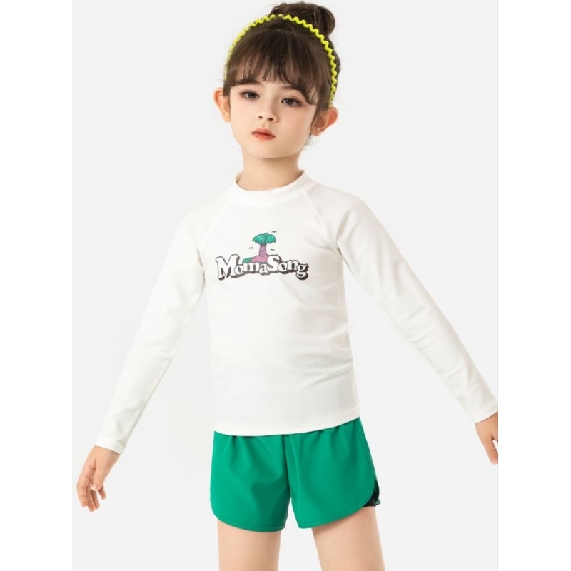 Bán lẻ áo bơi tay dài, quần bơi 2 lớp cho bé gái 907460 hàng cao cấp hiệu Momasong màu xanh lá, tím