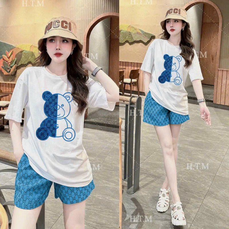 BỘ SHORT QUẦN BỐ ÁO THUN COTTON THÊU GẤU