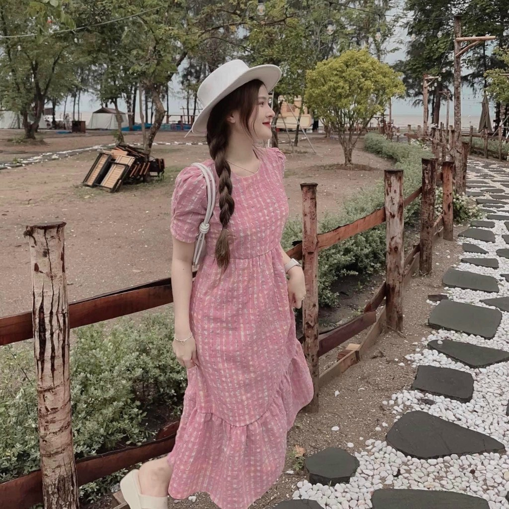 Váy maxi đuôi cá cộc tay kẻ hồng, đầm bầu dáng suông đuôi cá dễ thương