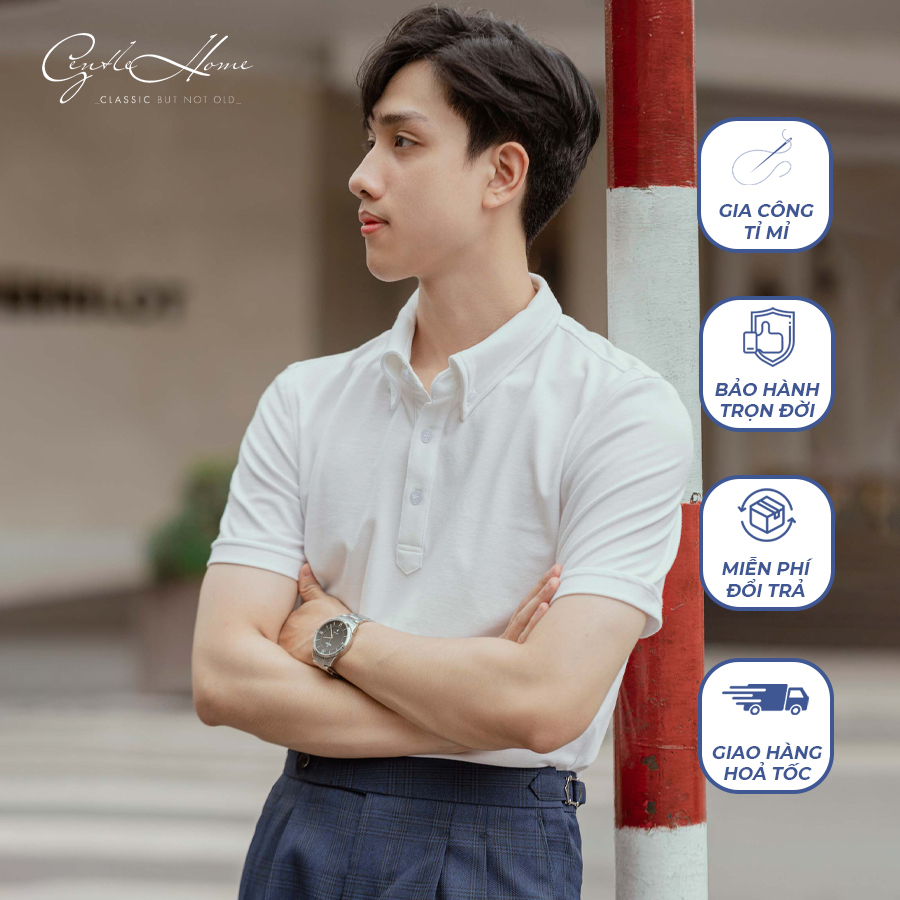 Áo Polo nam màu Trắng button down vải cotton mát, chống nhăn - Gentle Home