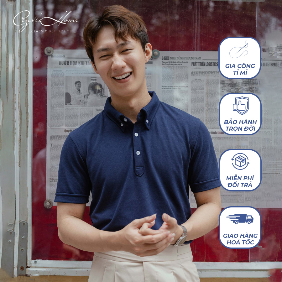 Áo Polo nam màu xanh navy cổ button down vải cotton mát, chống nhăn - Gentle Home