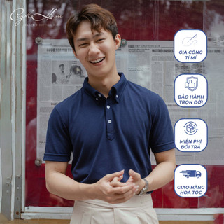 Áo Polo nam màu xanh navy cổ button down vải cotton mát, chống nhăn - Gentle Home