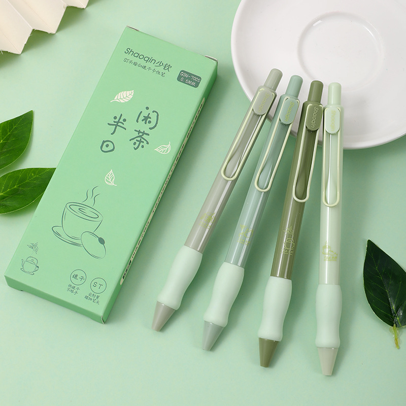 Hộp 4 Bút Gel bấm Shaoqin mực đen 0,5mm hoạ tiết matcha, set 4 Bút gel mực nước màu xanh đáng yêu văn phòng phẩm