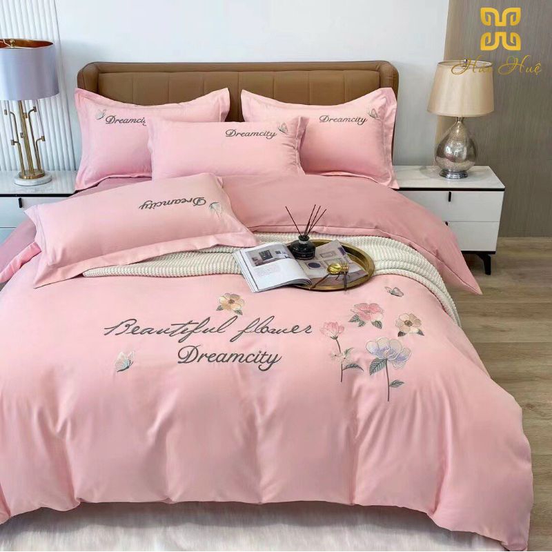 Bộ chăn ga gối cotton lien thêu họa tiết nhập khẩu 4 món mềm mịn thoáng mát nhiều mẫu