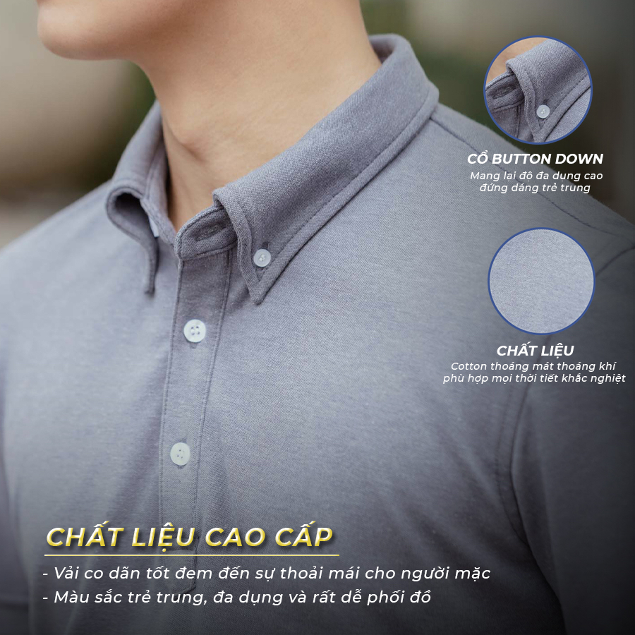 Áo Polo nam màu xám cổ button down vải cotton mát, chống nhăn - Gentle Home