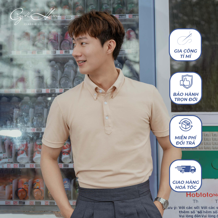 Áo Polo nam màu Be cổ button down vải cotton mát, chống nhăn - Gentle Home