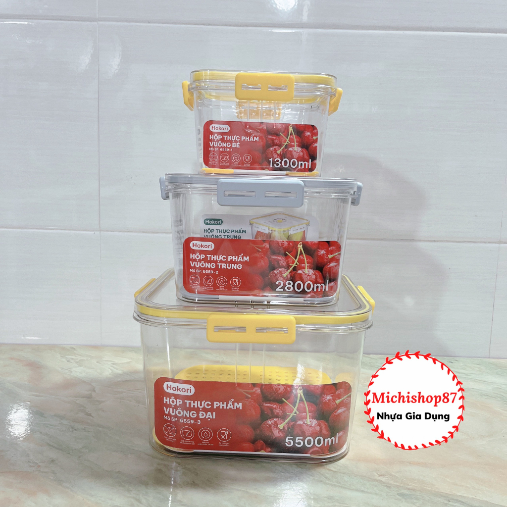 Bộ 3 Hộp đựng thực phẩm vuông Hokori cao cấp 4 khóa Nhựa ABS Siêu Cứng chắc chắn kèm khay ráo nước