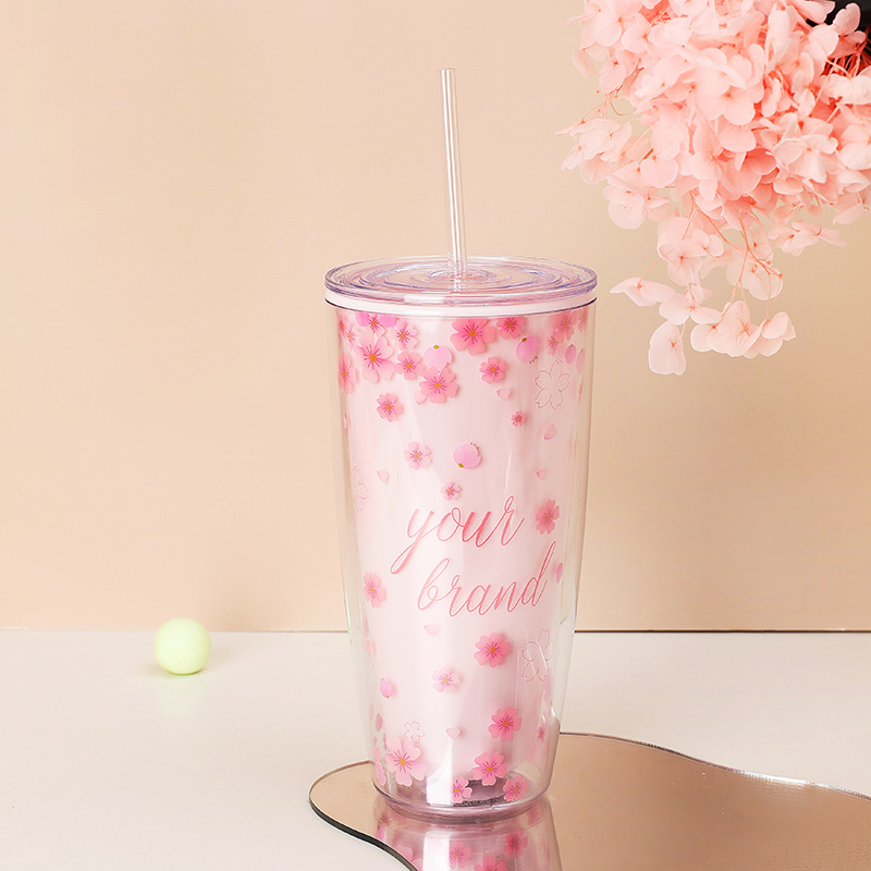 Ly nhựa uống nước hoa sukura nhật bản kèm ống hút dung tích 750ml nhiều màu trọn lựa có túi trong suốt