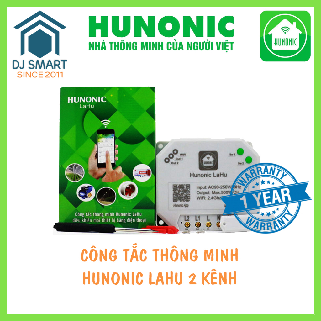 Công tắc thông minh Hunonic Lahu 2 kênh ( 500W/kênh ), điều khiển mọi thiết bị từ xa qua điện thoại
