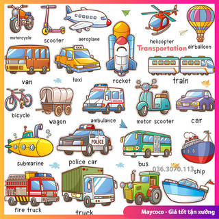 Tranh, decal dán tường phương tiện giao thông cho bé học có  tiếng anh, đề can dán tường hình xe cho bé HM2005