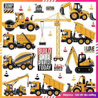 Decal dán tường cho bé hình các loại xe công trường, tranh sticker dán tường cho bé