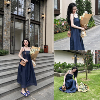 Váy denim hai dây dáng dài chun sau lưng, đầm 2 dây jean mềm maxi DELIZ STUDIO