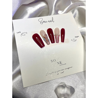 Nailbox móng úp thiết kế- Nail màu đỏ kẻ dạ đính nơ