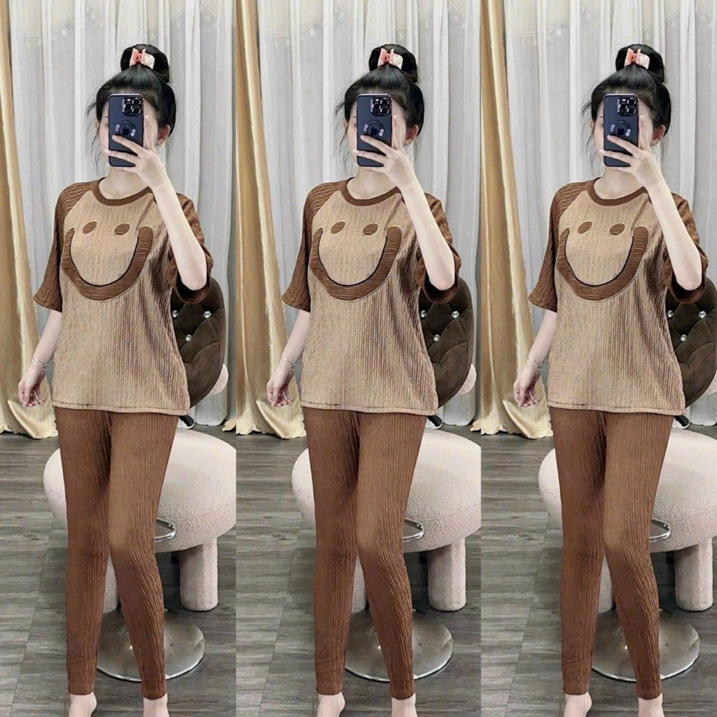 Đồ bộ nữ, đồ xinh, sét bộ thun xốp nữ quần dài, áo thun nữ tay ngắn thêu hình mặt cười, bộ dài mặc nhà nữ xinh