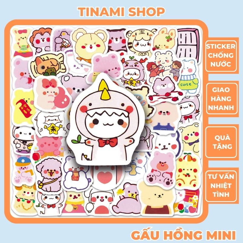 100 Sticker gấu hồng mini cute đáng yêu hình dán chống nước dùng trang trí điện thoại laptop vali máy tính