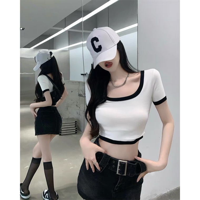 Áo Thun Croptop Cổ Vuông nữ ngắn tay phối viền dáng ôm thun borip mềm mịn Rusy