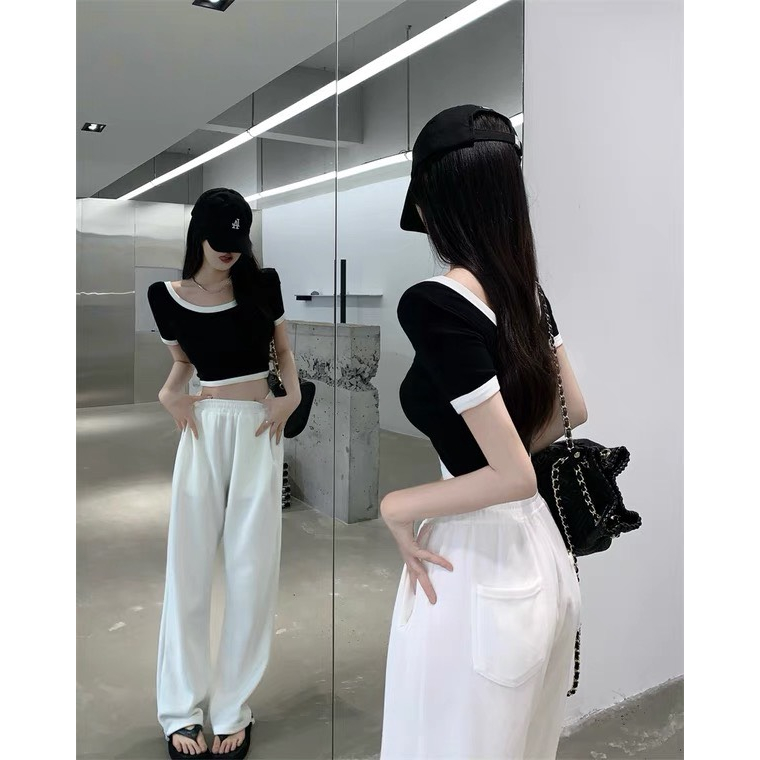 Áo Thun Croptop Cổ Vuông nữ ngắn tay phối viền dáng ôm thun borip mềm mịn RYSO FASHION