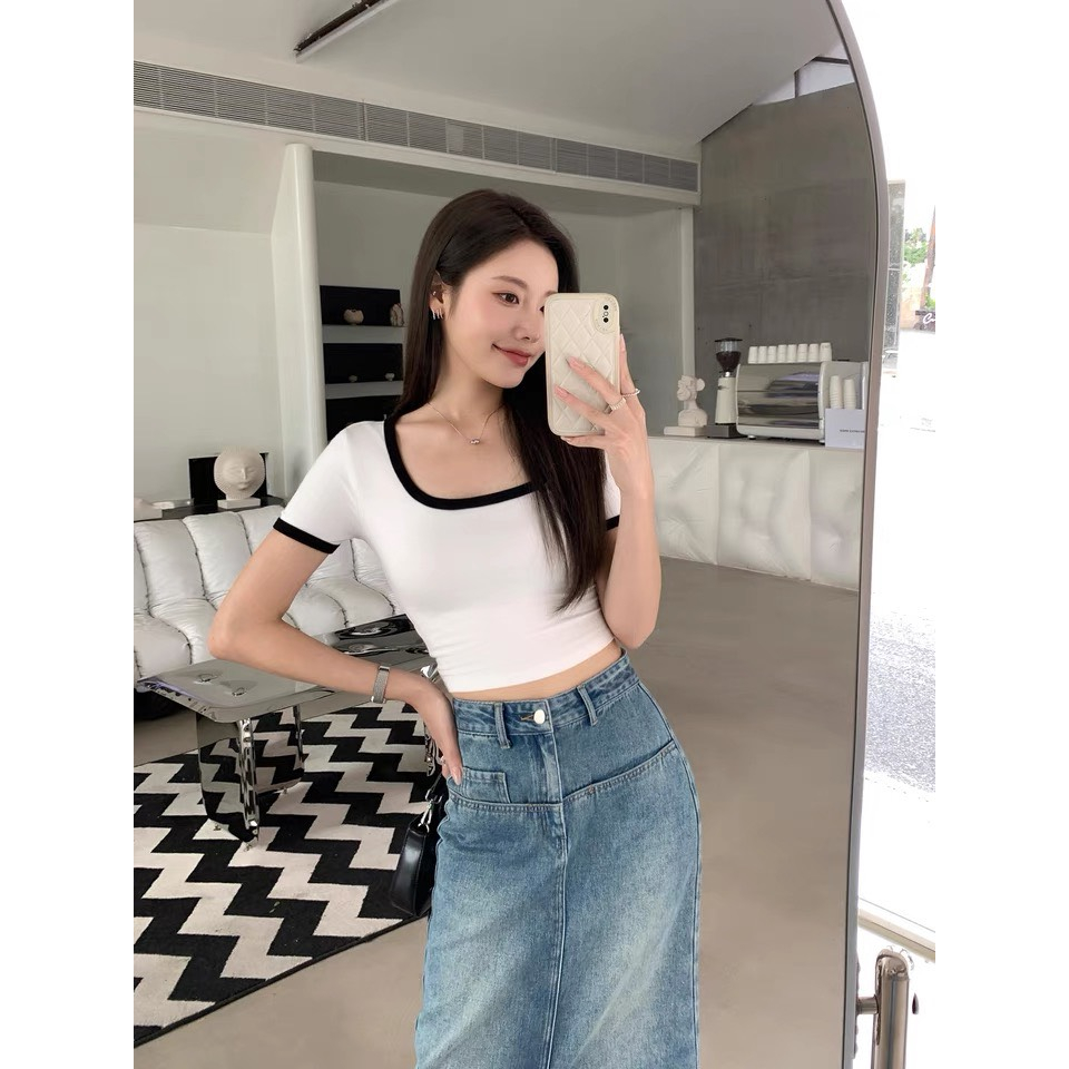 Áo Thun Croptop Cổ Vuông nữ ngắn tay phối viền dáng ôm thun borip mềm mịn RYSO FASHION