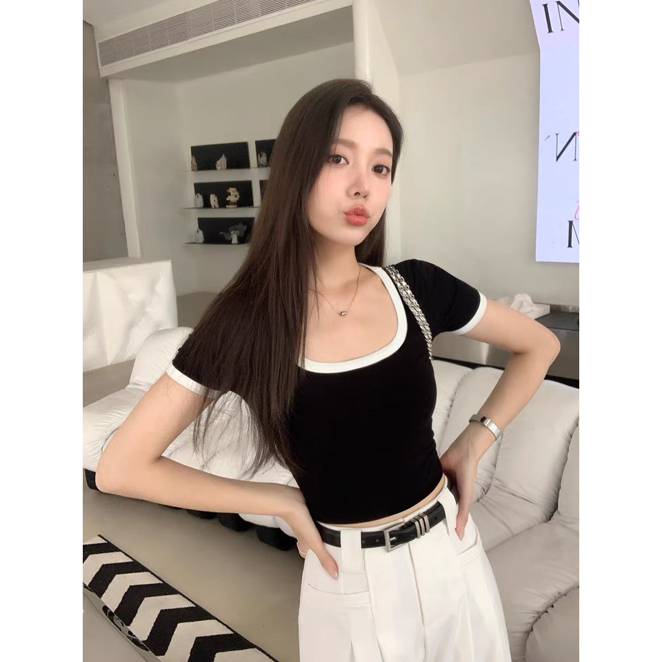 Áo Thun Croptop Cổ Vuông nữ ngắn tay phối viền dáng ôm thun borip mềm mịn RYSO FASHION