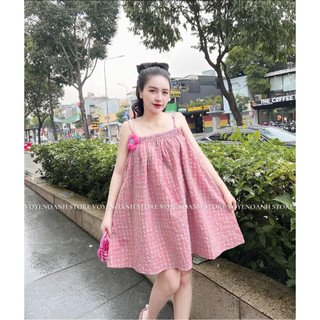 Đầm nữ babydoll đính hoa xinh xắn dễ thương, váy hai dây hoa ngay ngực họa tiếp caro hot bầu bì vô tư thoải mái