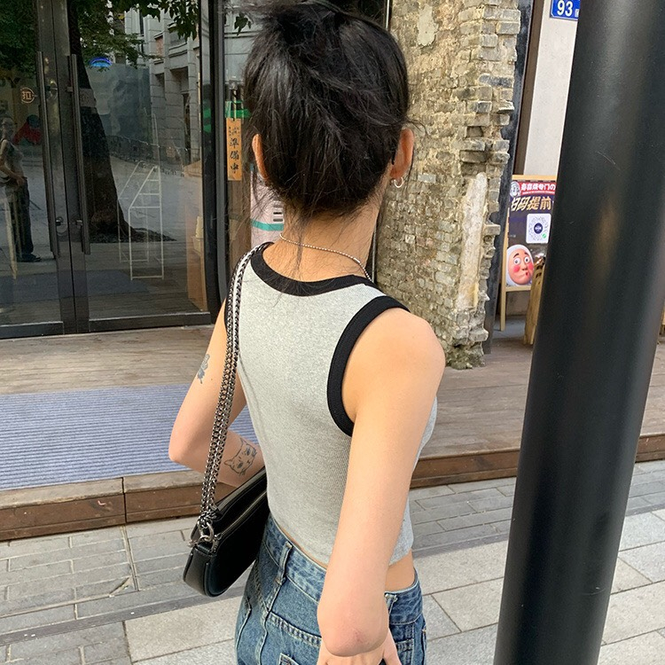 Áo croptop Ba lỗ nữ ôm thun bozip YaVy siêu tôn dáng, Ba lỗ viền màu thêu chữ cá tính trẻ trung AO016