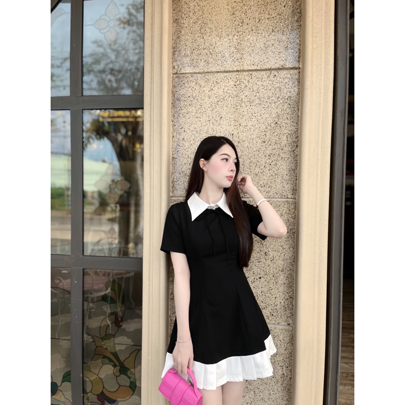 Váy cổ sơ mi đuôi váy xếp ly