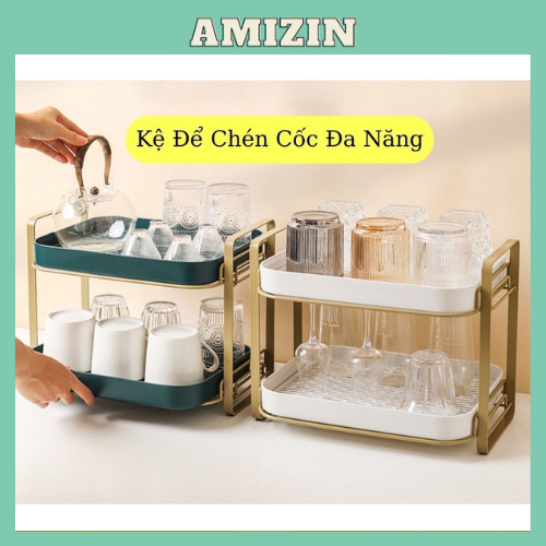 (Loại 1) Giá kệ để cốc chén ly Cao cấp 2 tầng .Nhựa Pp Khung kim loại Sơn tĩnh điện _Chống gỉ hàng loại (2023) AMIZIN