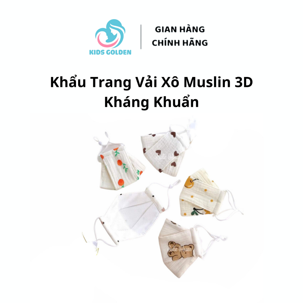 Khẩu Trang Vải Xô Muslin 3D Kháng Khuẩn - Hoạ Tiết Ngẫu Nhiên Cho Bé Trai, Bé Gái